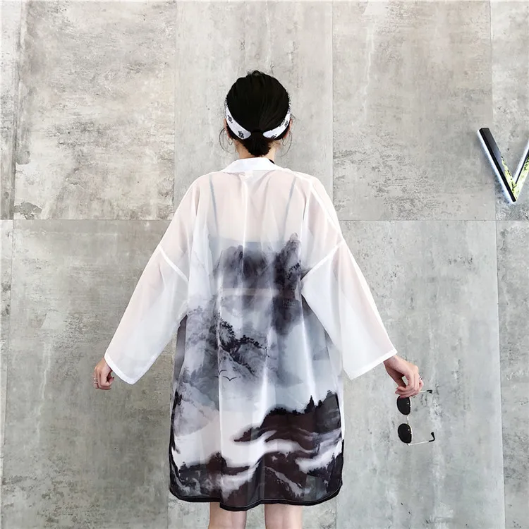 Landscape Print kimino Blouses Sunscreen Harajuku Summer women Tops and blouses plus size Chiffon Cardigans