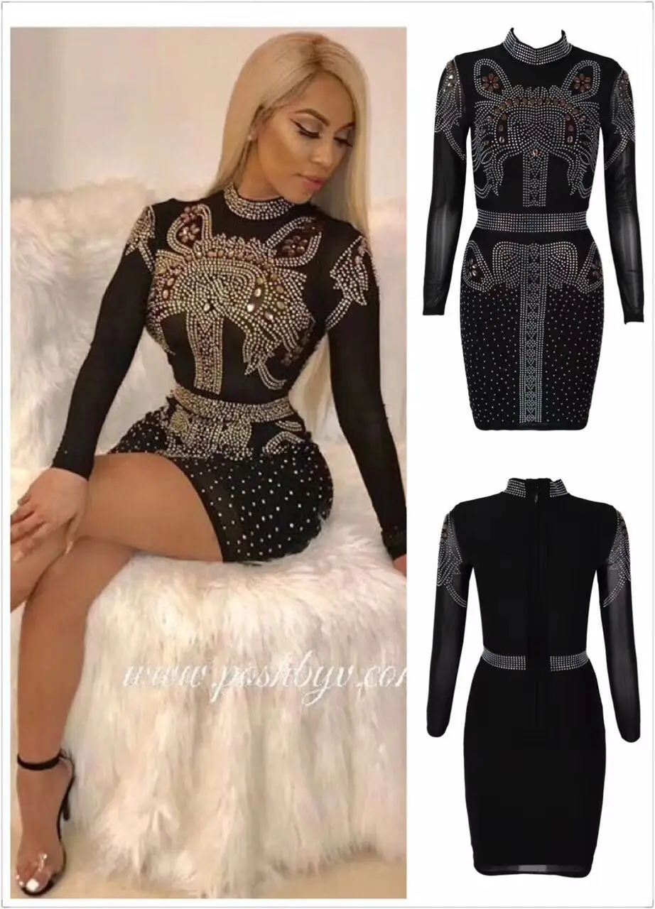 

High Quality Black Long Sleeve Beading Sexy Bodycon Rayon Bandage Dress Elegant Evening Party Dress