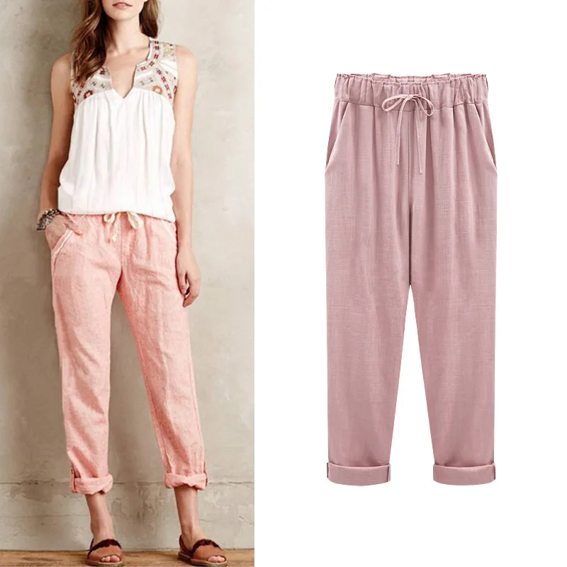 Cotton Linen Pants Ankle Length plus size Casual Women Loose Elastic Waist Pockets Summer spring Trousers 6XL 100kg Pants