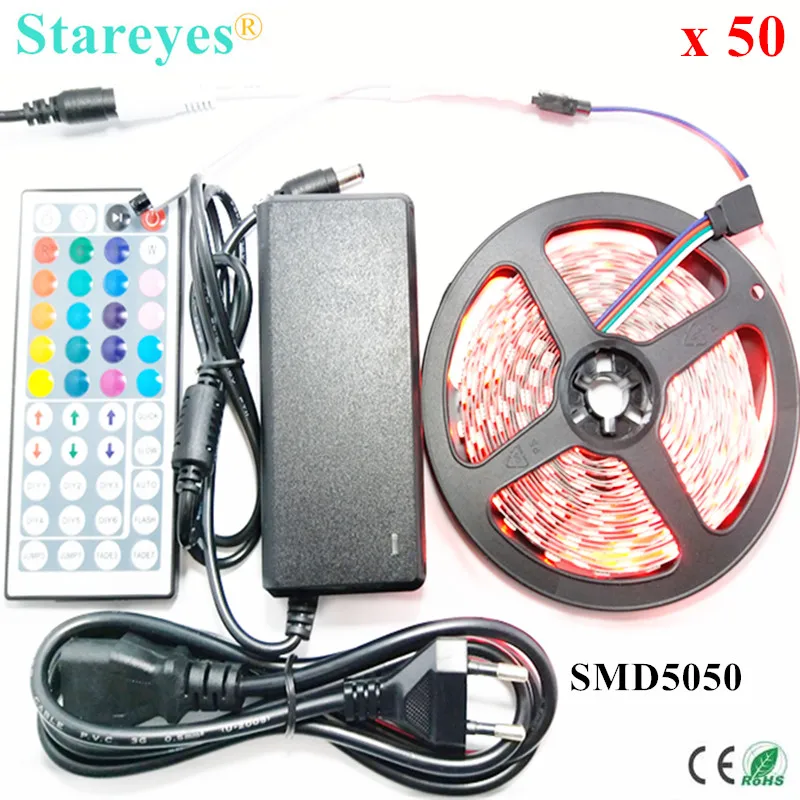 

Free Shipping 50 sets 5M 300 LED SMD 5050 RGB strip DC12V Flexible Non Waterproof Strip light with IR Remote + 5A Power Adapter