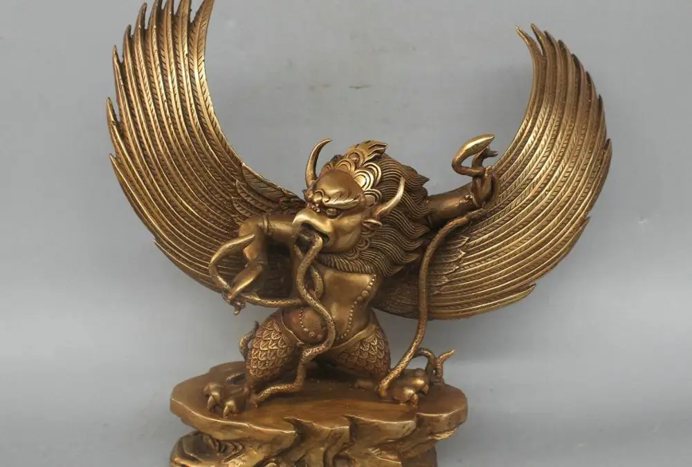

11'' China Tibet Garuda God Bird Animal Snake Buddha Bronze Statue