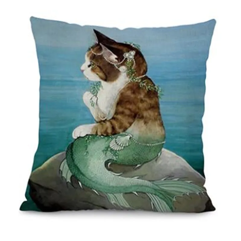 Marine Style Mermaid Painting Pattern Coffee House Chair Waist Decorative Cushion Cover Bedroom Throw Pillowcase 18"