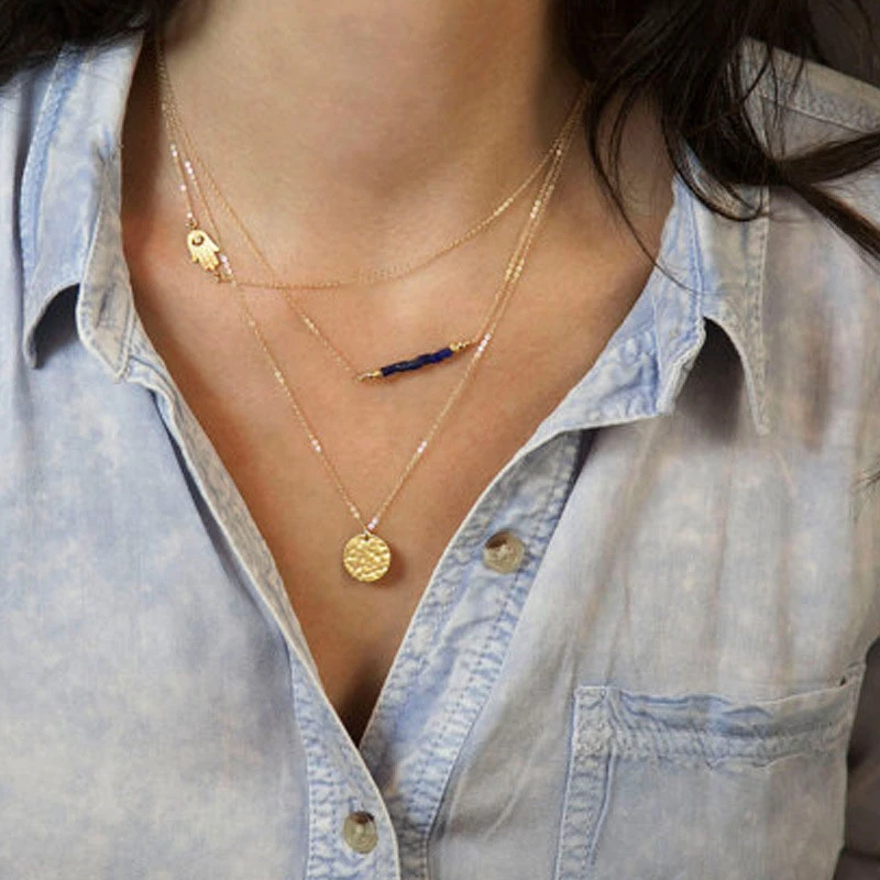 Joyería de moda 2017 nuevo oro y plata redondo colgantes de Fatima collares cadena Multi capa declaración gargantilla collar mujer, regalo|necklace knife|necklace jewellerynecklace big - AliExpress