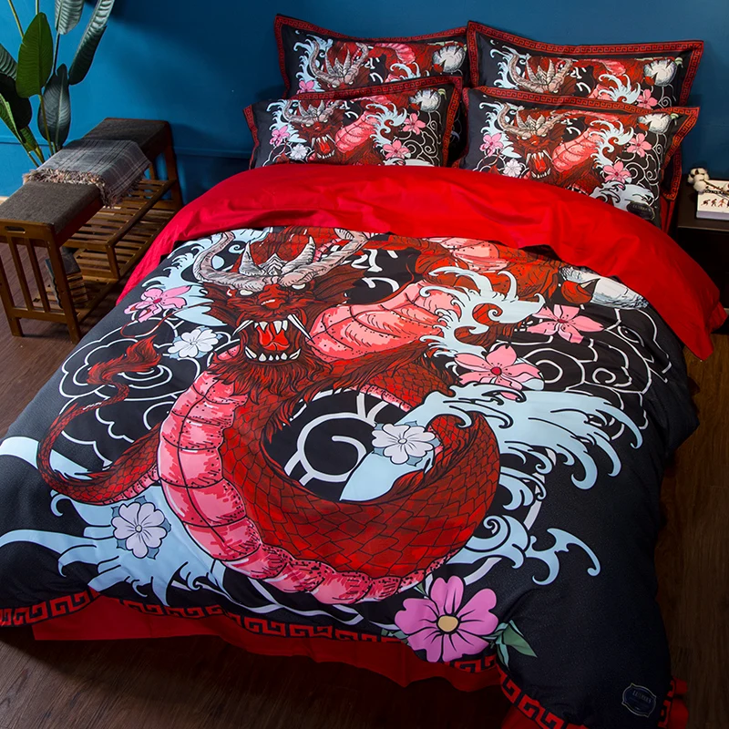 المنسوجات المنزلية التنين طقم سرير لنا التوأم كامل الملكة الملك سوبر الملك الحجم الأحمر الأسود المخدة نوم مجموعة تغطية مبطنة أغطية