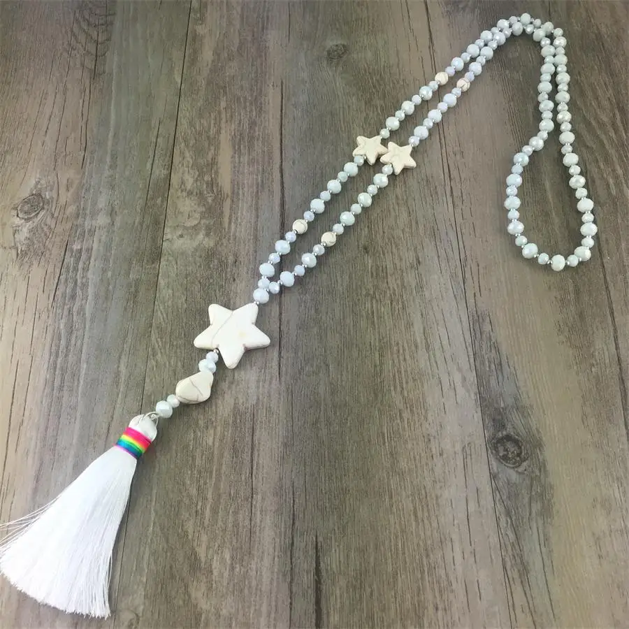 Новая Мода Boho длинное белое шелковое ожерелье с кисточками женские стеклянные
