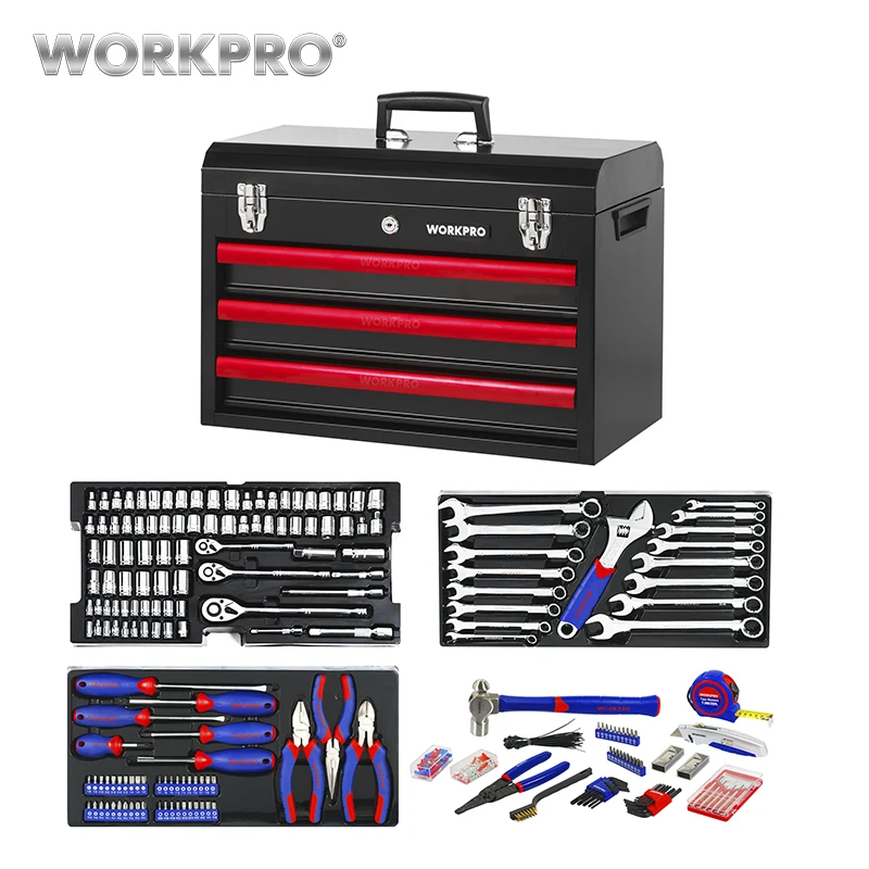 

WORKPRO 408PC Home Tool Set Mechanics Tool Set with 3 Drawer Heavy Duty Metal Box