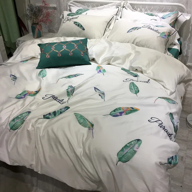 green feather embroidery white egyptian cotton modern bedding sets feather sheets