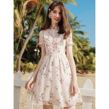 

Summer Chiffon Dress 2019 Ladies New Cute Printed Stand Collar Short Sleeved Ruffles Slim A-Line Casual Dress Above The Knees