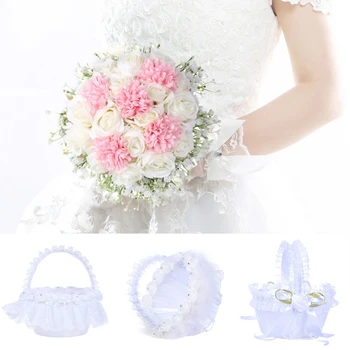 

European Wedding Lace Flower Basket Handmade Bamboo Collection Flower Basket Satin Rose Petals Holder For Wedding