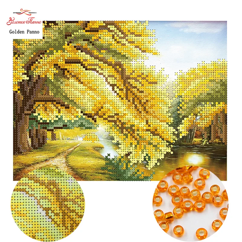 

Golden Panno,Needlework DIY bead Cross stitch Printed Embroidery Precise scenic Pattern cross stitching autumn 0502