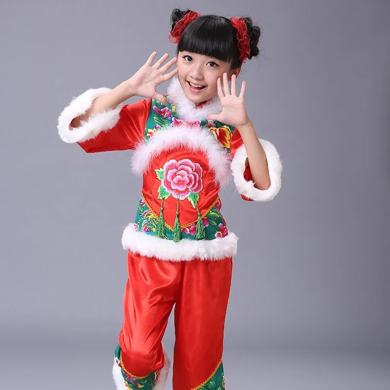 Рождественская одежда для детей Китайский народный танец костюмы янгко, Танцы для девочек танцевальная одежда yangge детская открывалка Феникс пион вышивка