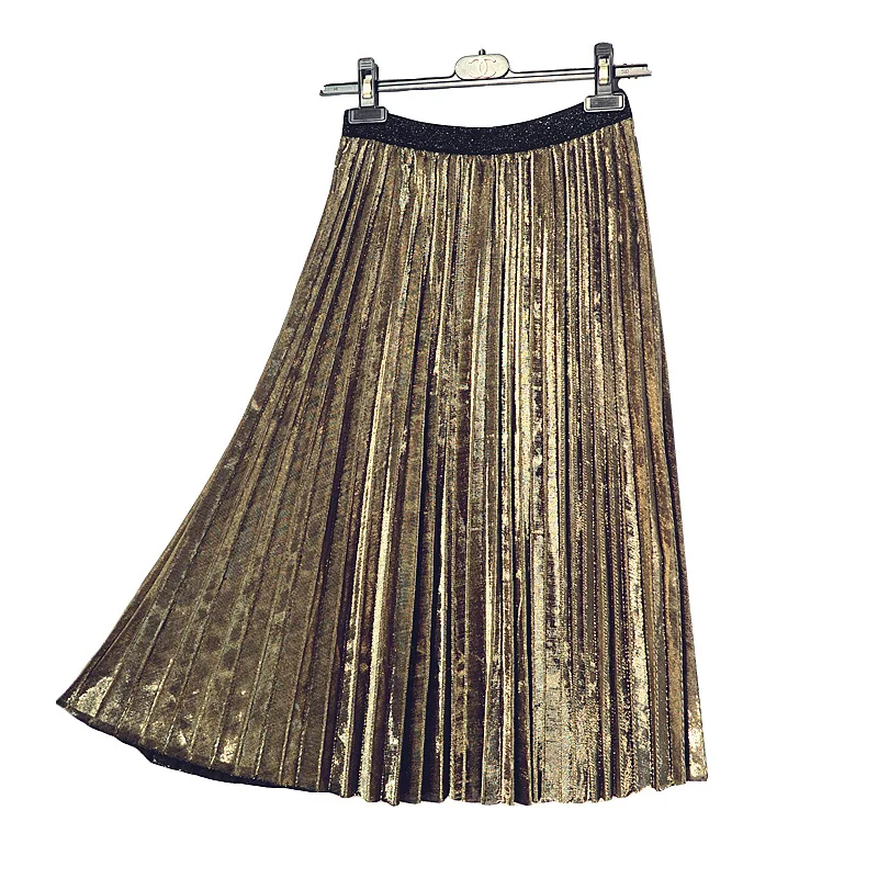 Качественная Весенняя Элегантная стильная яркая шелковая модная блестящая яркая шелковистая плиссированная юбка с металлическим блеском серебристого цвета