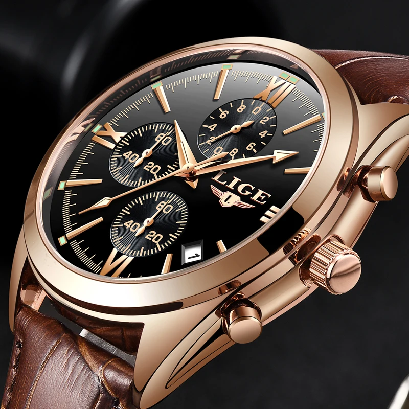 

LIGE Official Quartz Men Watches Fashion Genuine Leather Chronograph Watch Clock for Gentle Male Students Reloj Hombre 2018