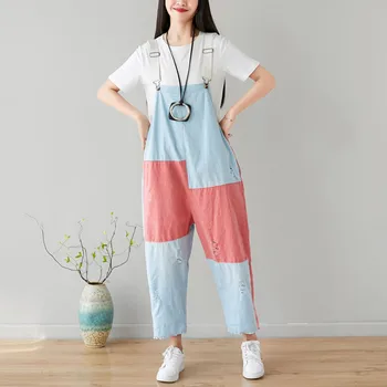 

#0337 Spliced Color Wide Leg Jeans Jumpsuit Women Adjustable Strap Loose Oversize Casual Retro Suspender Jumpsuit Ladies Summer