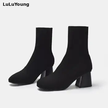 

2018 Autumn Square Toe Women Boots Knitting Elastic Socks Boots Thin Legs Shoes