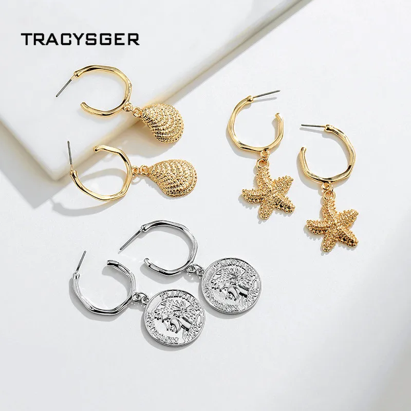 

AH-84505 /TRACYSGER/ cowry shell starfish coin hoop earrings