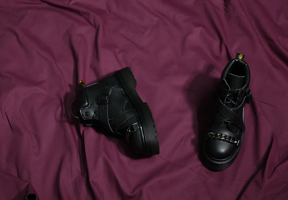 Harajuku военные криперы батильоны цепь металл Настоящая кожа Muffin черный берцы обувь ботильоны зашнуровать Зимние сапоги женщин бренда на платформе женская короткая женский китайский мода