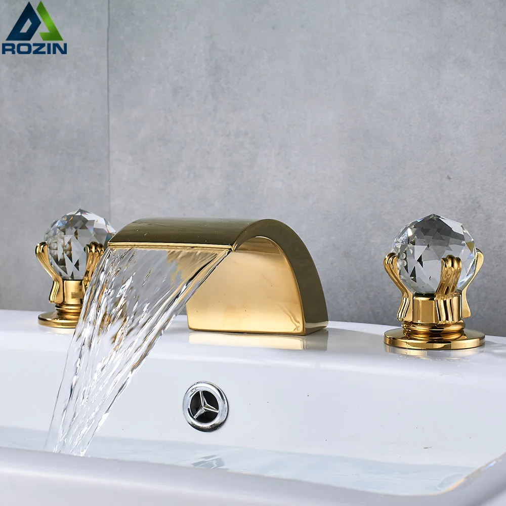 

Crystal Handle Golden Waterfall Bathroom Faucet Deck Mount Widespread Bathroom Tub Sink Faucet Chrome Basin Mixer Tap