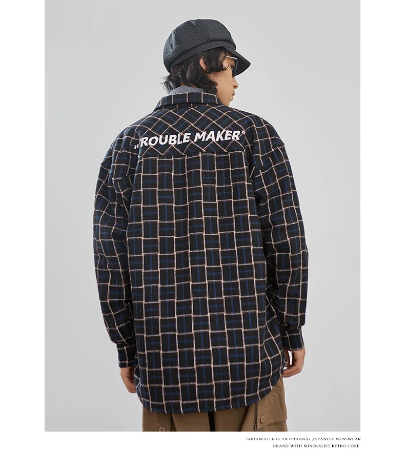 SODA WATER Men Casual Plaid Shirts Harajuku Autumn Letter Print Long Sleeve Shirt For Men Retro Loose Front Pocket Shirts 92107W