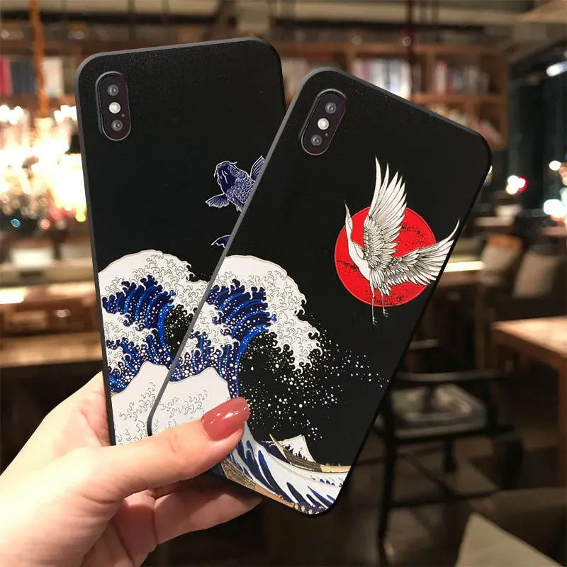 

JIBAN Wave Crane Phone Case for Iphone X XR XS MAX Embossed Protective Cover Antique TPU Soft Shell for Iphone 6 6s Plus 7 8plus