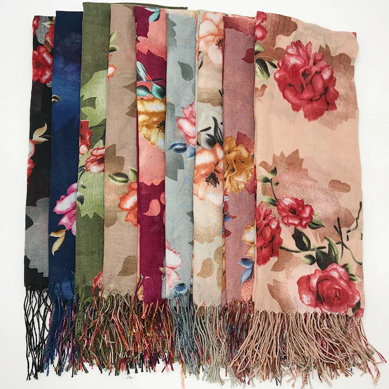 

Floral Patterened Scarves Wrap Thin Cotton Viscose Gauze Women Muslim Hijabs Turban Tassel Islamic Voile Long Shawl lightweight