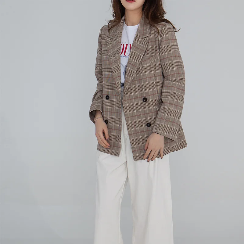 Spring Plaid Double-breasted Casual Small Suit Jacket Double Breasted Notched Plaid Women Clothing Women Jackets and Coats 2019