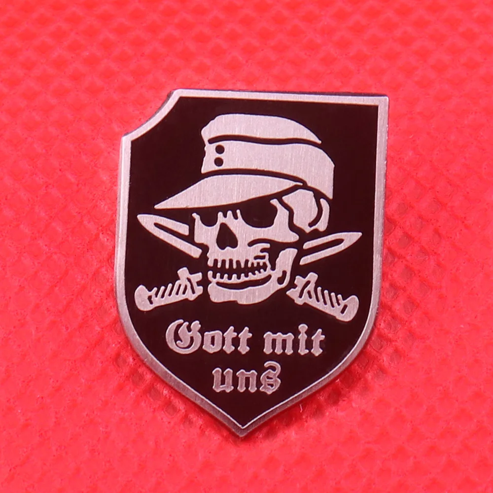 

Gott mit uns (God with us) enamel pin skull knife brooch vintage silver black shield badge German wehrmacht jewelry god pins gif