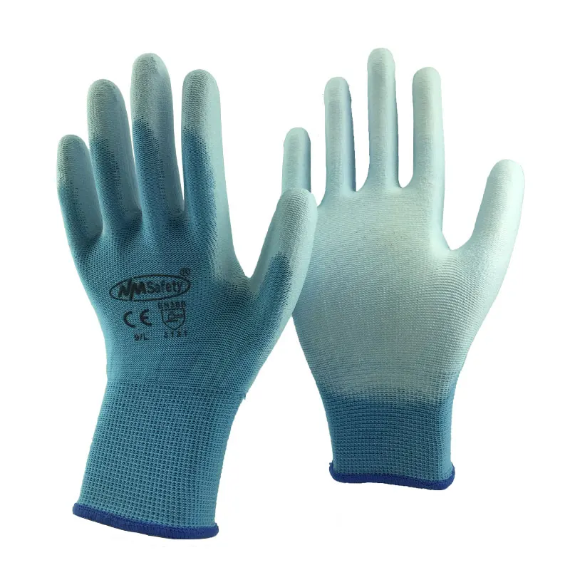 NMSafety красочные полиэфирные Хлопковые вязаные с покрытием PU резиновые защитные перчатки для ладоней защитные перчатки рабочие перчатки