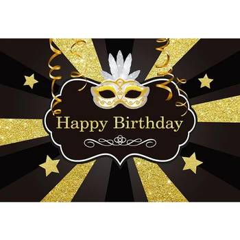 

Masquerade Party Backdrops for Photography Printed Stars Mask Black Gold Stripes Kids Customized Happy Birthday Photo Background
