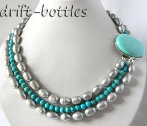 

3Strands 18'' Round stone & 10mm Gray Freshwater Pearl Necklace