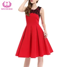 MYCOURSE Women Big Swing Dress Summer Elegant Lace Crochet Midi Casual Dress Solid Round Collar Ball Gown Women Mid-Calf Dress