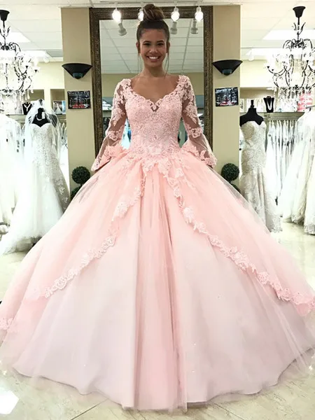 Бальное платье Пышное Платье светло-розовое небесно-голубое платье принцессы 16 vestidos de 15 debutante с расклешенными рукавами для дня рождения - Цвет: Розовый