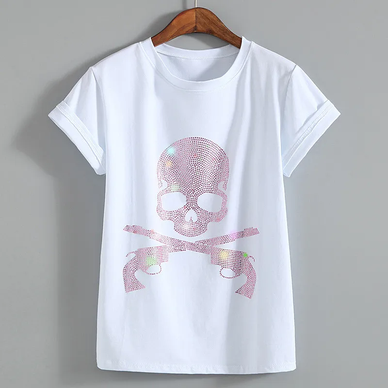 

New Women Skull T shirts Fashion T-shirt O-neck Top Short Sleeve Diamond Bling Female Loose Casual t shirt