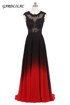 

2018New Long Evening Prom Dress O-Neck Lace Appliques Top Black&Red Gradient Chiffon Ombre Party Gowns