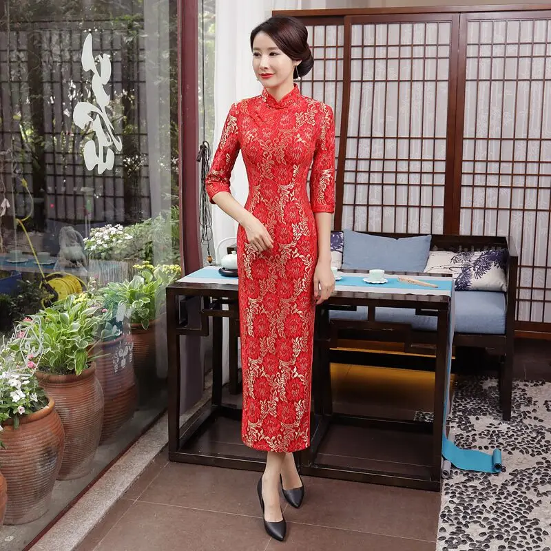 

traditional Chinese Style Cheongsam Red Women's Sexy Lace Long Dress New Arrival Elegant Slim Qipao Vestido Size S-XXXL T0054