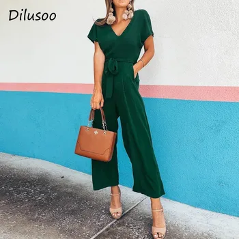 

Dilusoo Solid Chiffon Jumpsuits Women Summer Sexy V-neck Short Sleeve With Belt Jumpsuit Female Overalls Pocket Ladies Jumpsuit
