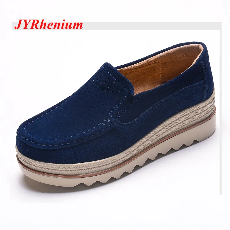 

JYRhenium 2019 New Women Flats Round Toe Platform Shoes Leather Slip on Loafers Shoes Women Casual Basic Shoes Big Size 34-42