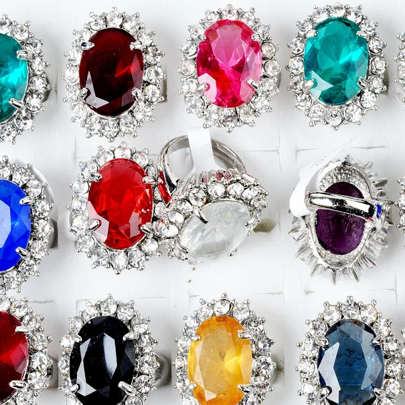 

Fashion Jewellery New Wholesale Lots 5Pcs Big Rhinestone Crystal Cubic Zirconia Silver Color Rings For Women Lady Bulk Anello