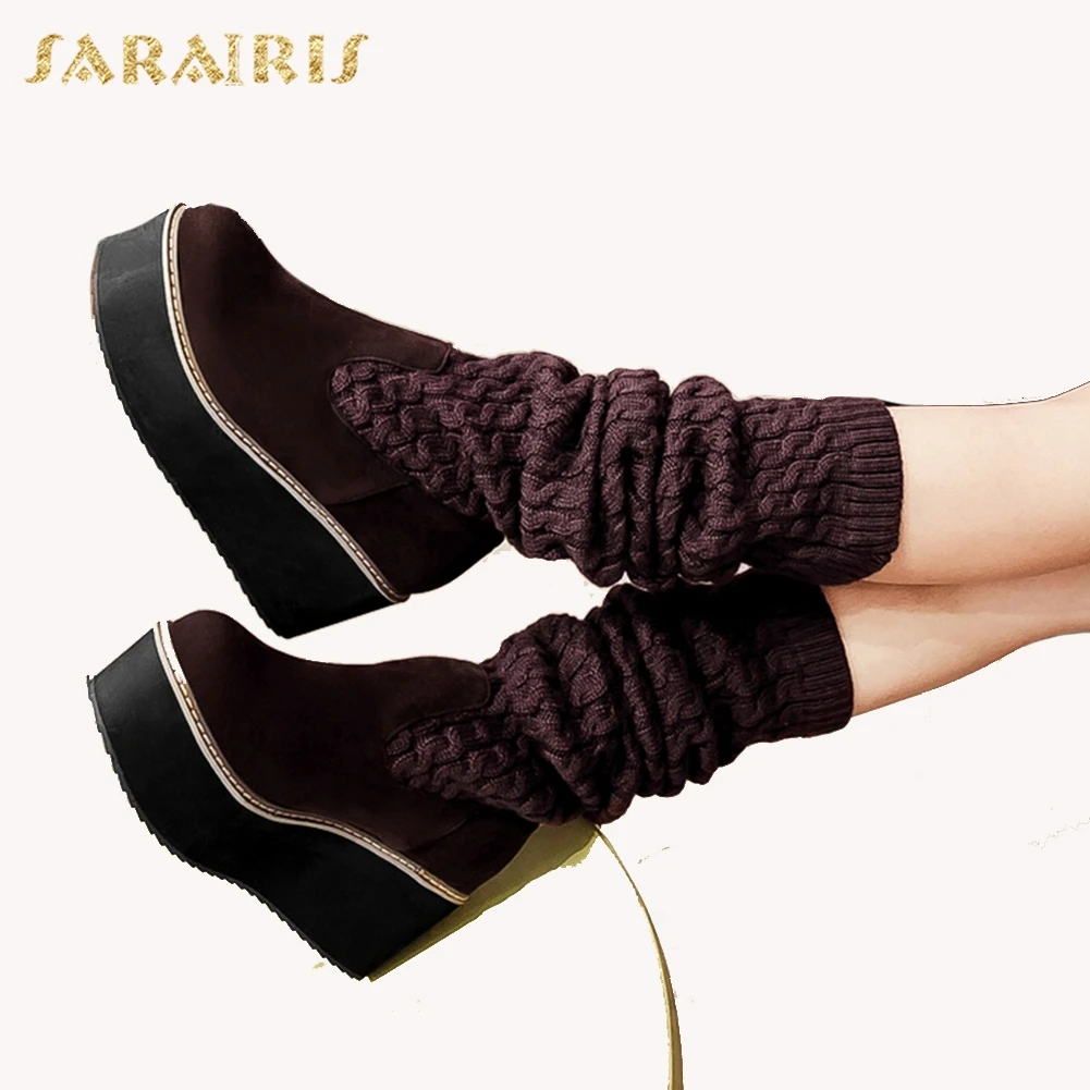

SARAIRIS Wedge High Heels Platform Shoes Woman Slip On Flock Upper Over Knee High Boots Woman Shoes Big Size 31-43