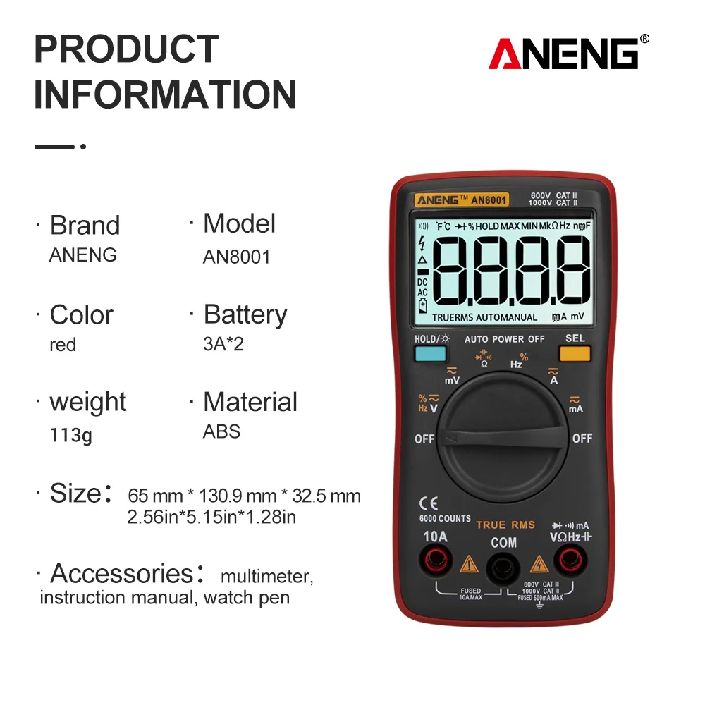 ANENG AN8001 True-RMS Автоматический диапазон цифровой мультиметр AC/DC Напряжение Амперметр измеритель тока Измерение температуры