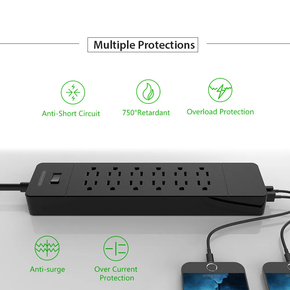 NTON POWER USB Power Strip Защита от перенапряжения штепсельная вилка США 12 розеток