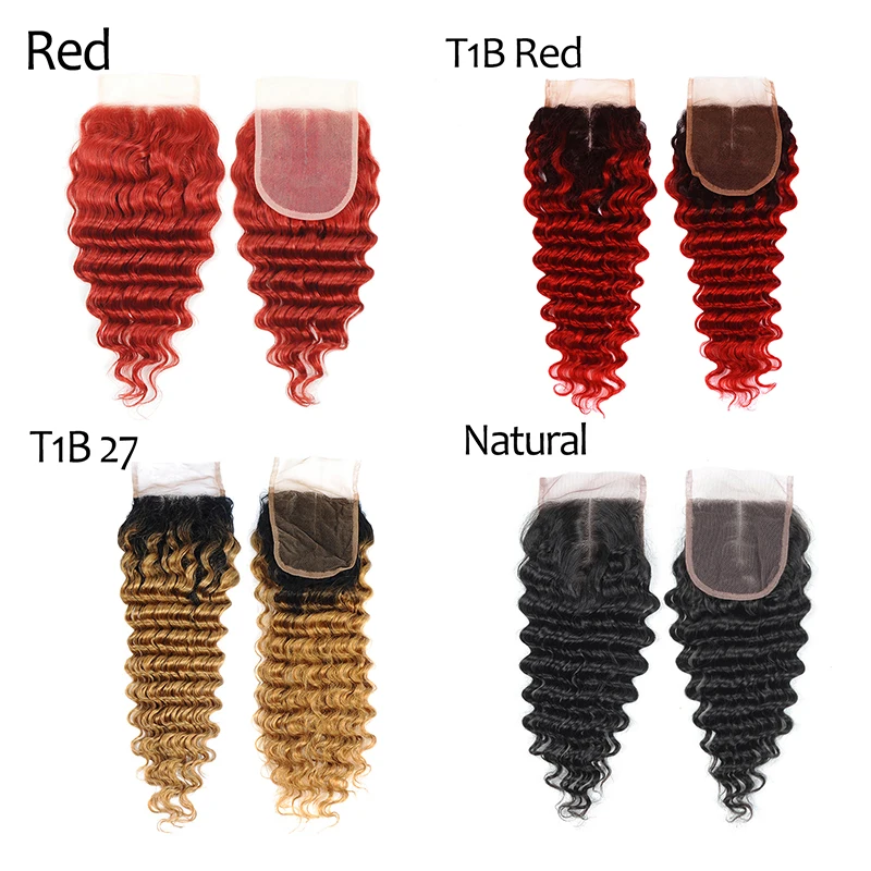 Бразильские волосы плетение закрытие блондинка тень-Закрытие глубокая волна 10-20 дюймов цветной красный 99J бордовый Закрытие человеческих волос не Реми