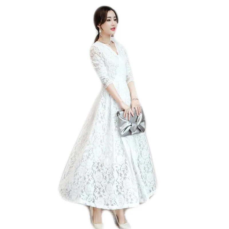 

2019 Women Spring LACE Dress Autumn New Korean Version Of The V-neck Lace Dress Female Temperament Casual Slim Dress E111
