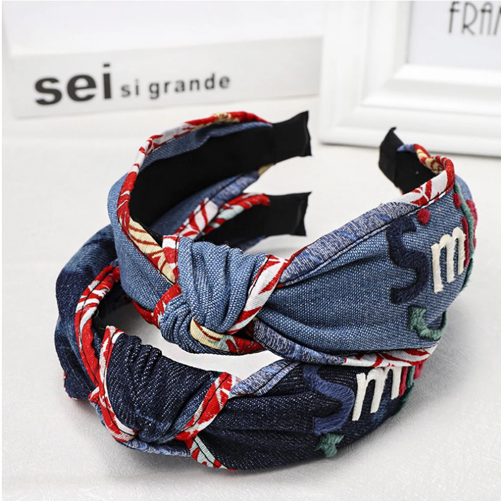 High Quality Denim Hairband Girls Headband Lace Patchwork Smile Letter Blue Black Turban Women Fashion Accessories