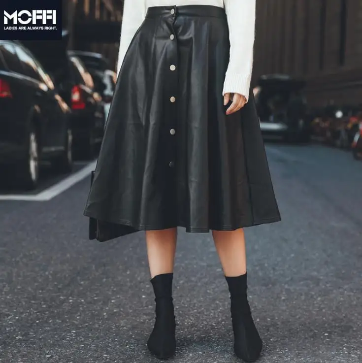 MOFFI High Street Solid Цвет плиссированные пу юбки Для женщин серии 2018 осень стрейч Высокая Талия Миди-юбки Saias 179111