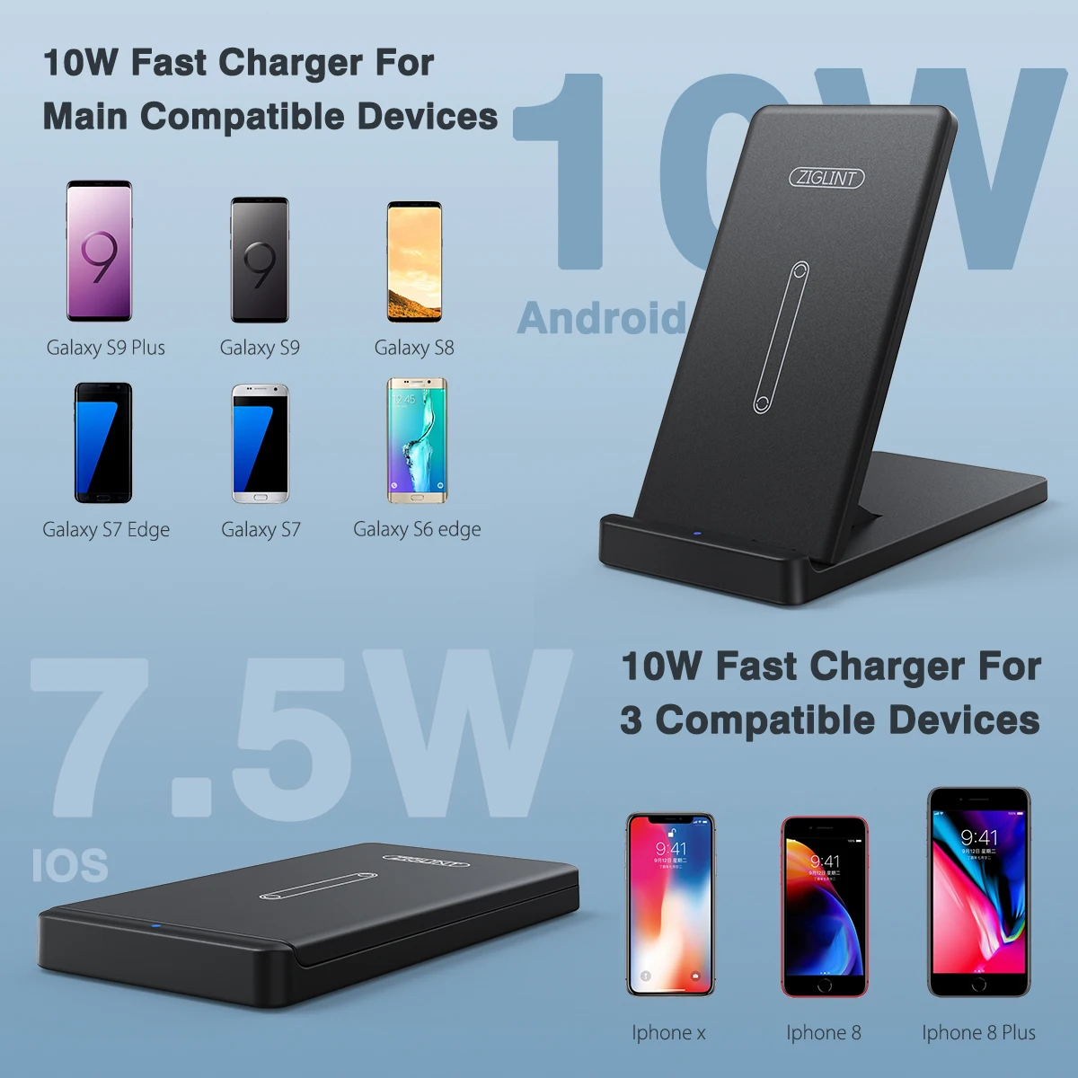 Ziglint Qi Беспроводной Зарядное устройство для iPhone X 8 плюс QC 2,0 3,0 мгновенная зарядка Беспроводной зарядки для samsung S9+ S9 S8 S7 S6 TYPE-C