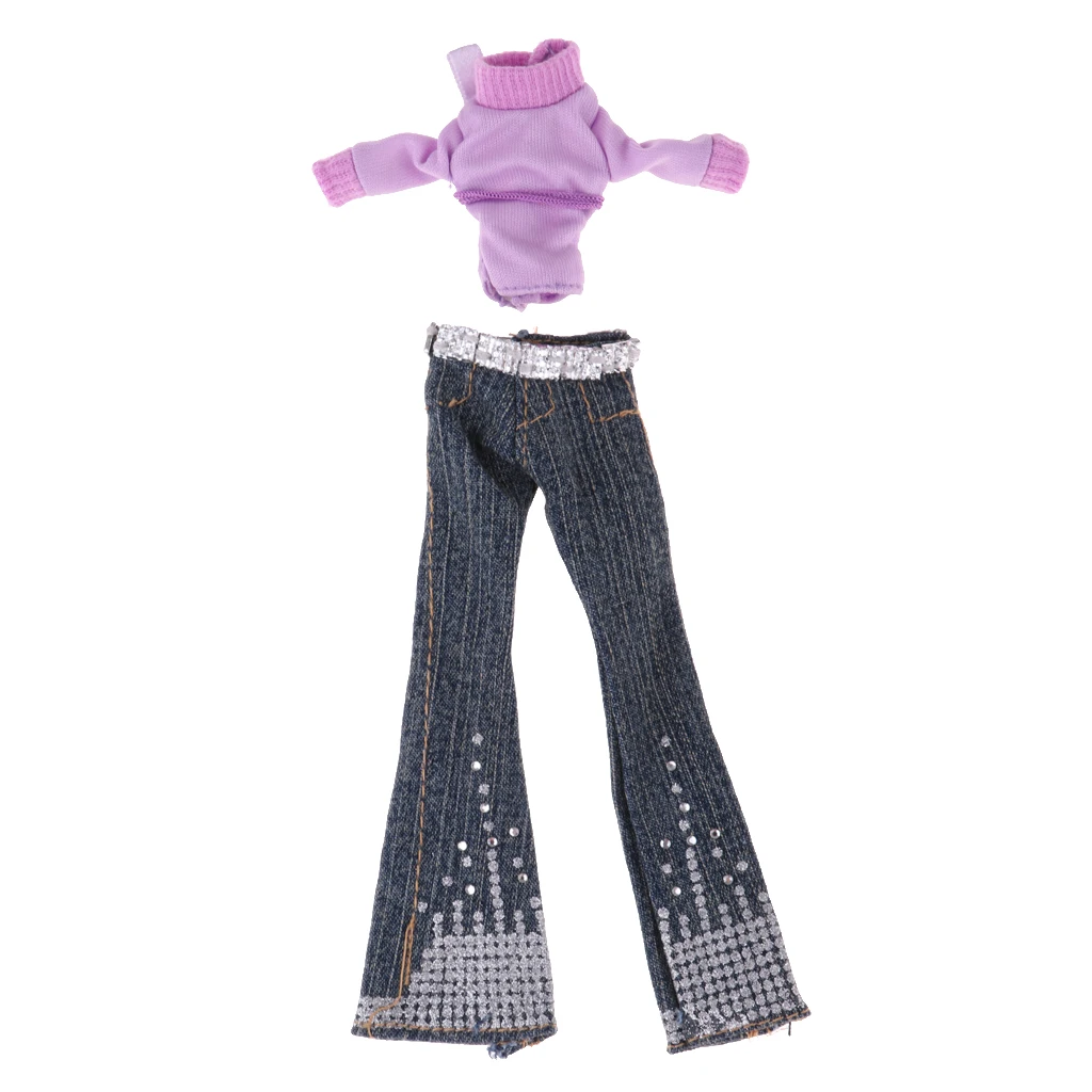 Trendy Doll Clothes Purple Top & Denim Long Pants For Doll Dress up