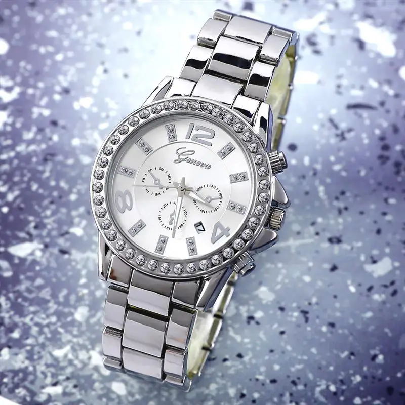 

Fashion Women'S Military Sport Date Watch Silver Stainless Steel Quartz Wristwatch Ladies Luxury Diamond Watches Reloj Mujer