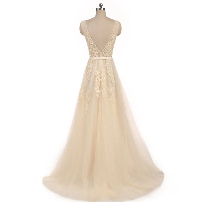 Новое поступление, Элегантное свадебное платье цвета шампанского, Vestido de Festa, платье трапециевидной формы с аппликацией на молнии, платье со шлейфом и бантом, кружевное стильное платье