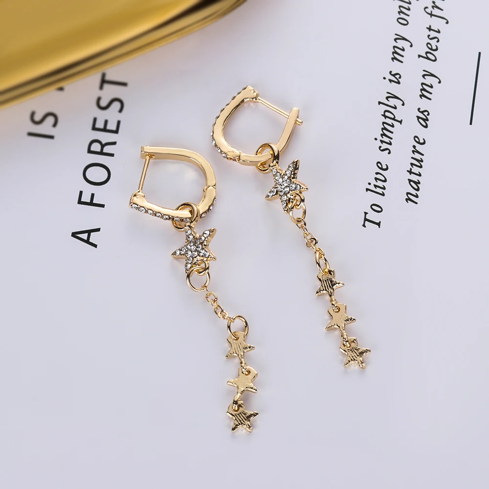 

Women Alloy Star Chain Long Tassel Earrings Female Rhinestone Dangle Ear Stud Clip Korean Fashion Party Charm Jewelry